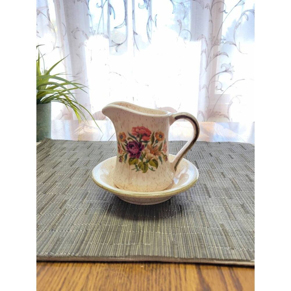 Vintage Pitcher Bowl Small Set, Speckled Cream Floral, Farmhouse Decor